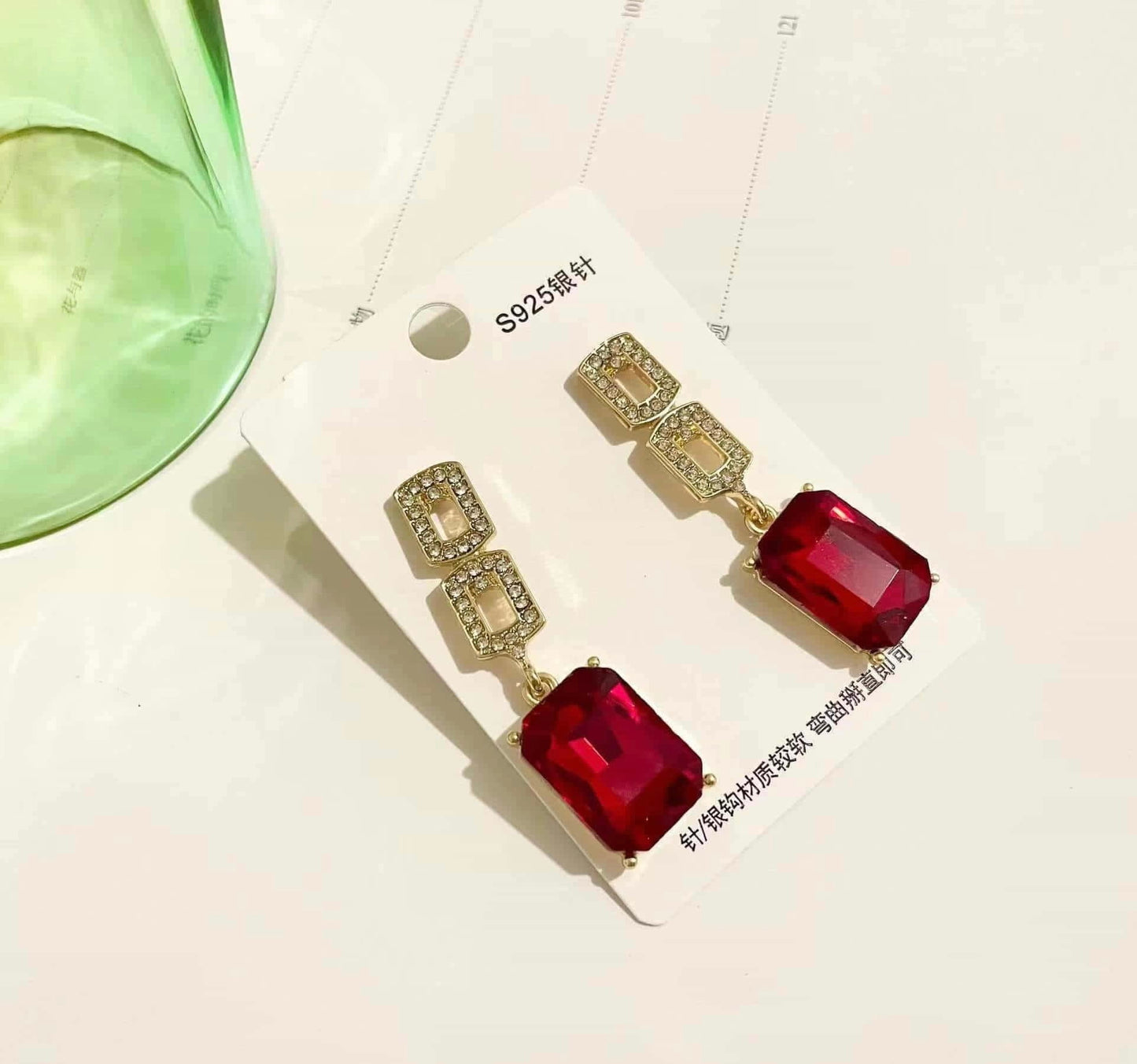 Red Zircon Square Stone Earrings