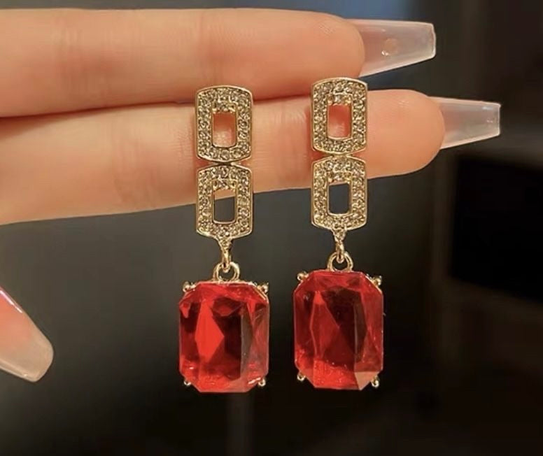 Red Zircon Square Stone Earrings